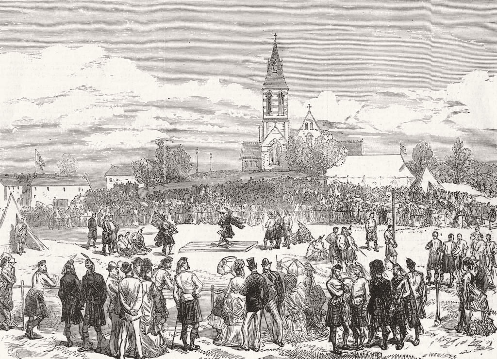 SCOTLAND. Highland games Tossing caber 1874 old antique vintage print picture